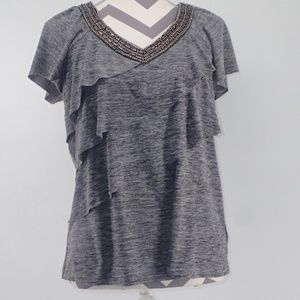IN Studio Women's PM Blouse Gray V-Neck Beaded Neckline Cap Flutter Sleeve